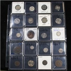 Page of 20 Mixed coins Barber 25c, Braided Hair 1c, Washington 25c, Barber 10c, Indian 1c, Jefferson