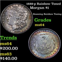 1889-p Rainbow Toned Morgan Dollar $1 Grades Choice Unc