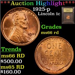 ***Auction Highlight*** 1925-p Lincoln Cent 1c Graded GEM+ Unc RD By USCG (fc)