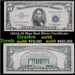 1953A $5 Blue Seal Silver Certificate Grades Choice AU/BU Slider