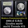 Image 1 : 1991-d USO Modern Commem Dollar $1 Graded ms70, Perfection By USCG