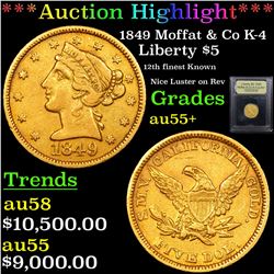 ***Auction Highlight*** 1849 Moffat & Co K-4 Gold Liberty Half Eagle $5 Graded Select+ AU By USCG (f