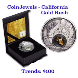 2016 CoinJewels California Gold Rush Metal 1oz .999 Silver, Contains 24karat Gold Leaf Proof Quality