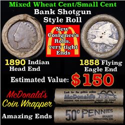 Mixed small cents 1c orig shotgun roll, 1858 Flying Eagle Cent, 1890 Indian Cent other end, McDonald