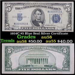 1934C $5 Blue Seal Silver Certificate Grades Choice AU/BU Slider