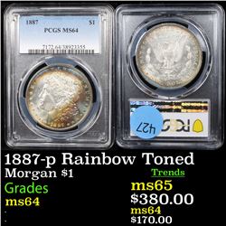 PCGS 1887-p Rainbow Toned Morgan Dollar $1 Graded ms64 By PCGS