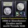 Image 1 : 1990-w Eisenhower Modern Commem Dollar $1 Graded ms70, Perfection By USCG