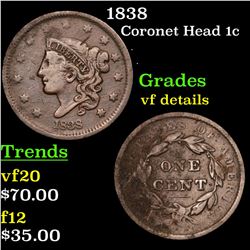 1838 Coronet Head Large Cent 1c Grades vf details