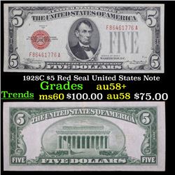 1928C $5 Red Seal United States Note Grades Choice AU/BU Slider+