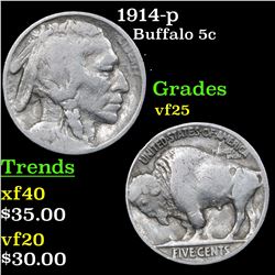 1914-p Buffalo Nickel 5c Grades vf+