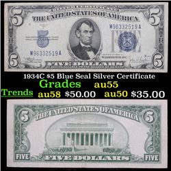 1934C $5 Blue Seal Silver Certificate Grades Choice AU