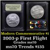 Image 1 : 2003-p First Flight Modern Commem Dollar $1 Graded ms70, Perfection By USCG