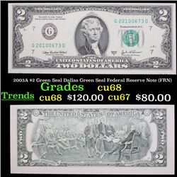 2003A $2 Green Seal Dallas Green Seal Federal Reserve Note (FRN) Grades Gem++ CU