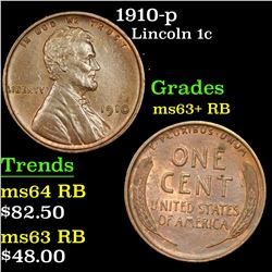 1910-p Lincoln Cent 1c Grades Select+ Unc RB