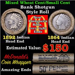 Mixed small cents 1c orig shotgun roll, 1864 Indian Cent, 1892 Indian Cent other end, Mcdonalds Wrap