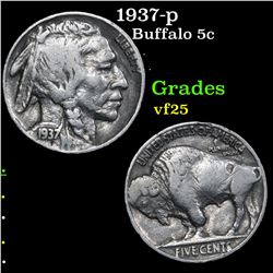 1937-p Buffalo Nickel 5c Grades vf+
