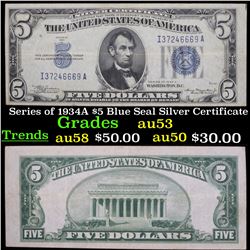 Series of 1934A $5 Blue Seal Silver Certificate Grades Select AU