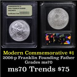 2006-p Ben Franklin Founding Father Modern Commem Dollar $1 Graded ms70, Perfection By USCG