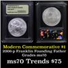 Image 1 : 2006-p Ben Franklin Founding Father Modern Commem Dollar $1 Graded ms70, Perfection By USCG