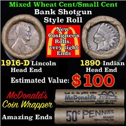 Mixed small cents 1c orig shotgun roll, 1916-d Wheat Cent, 1890 Indian Cent other end, McDonalds Wra