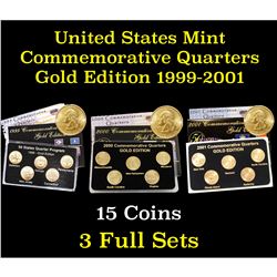 Group of 3 Commemorative Quarters, GOLD Edition. 1999-2001, 15 Coins Total