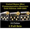 Image 1 : Group of 3 Commemorative Quarters, GOLD Edition. 1999-2001, 15 Coins Total