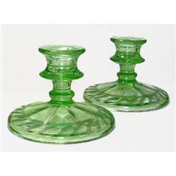Green Depression Glass Etched Candlesticks #1117729