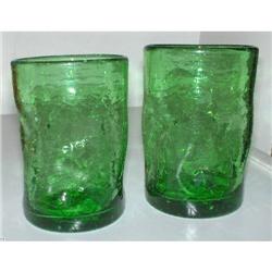 2 GREEN SM PILGRIM CRACKLE GLASS PINCH TUMBLERS#1137555