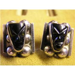 Mexican Silver and Onyx Tribal Mask Earrings #1137783