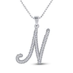 Womens Round Diamond Cursive Letter N Pendant 1/5 Cttw 10kt White Gold - REF-9A5M