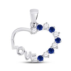 Womens Round Blue Sapphire Love Heart Pendant 1/4 Cttw 10kt White Gold - REF-9M5H