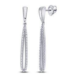 Womens Round Diamond Oblong Teardrop Dangle Earrings 1/3 Cttw 10kt White Gold - REF-27K9Y
