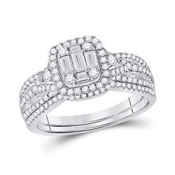 Baguette Diamond Bridal Wedding Ring Band Set 3/4 Cttw 14kt White Gold - REF-65F5W