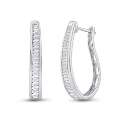 Womens Baguette Diamond Hoop Earrings 1 Cttw 14kt White Gold - REF-52Y9N
