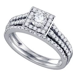 Round Diamond Square Halo Bridal Wedding Ring Band Set 1 Cttw 14kt White Gold - REF-112W5K