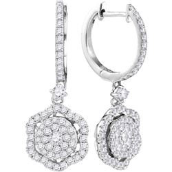 Womens Round Diamond Hexagon Frame Cluster Dangle Earrings 1 Cttw 14kt White Gold - REF-71K9Y
