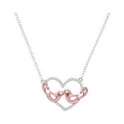 Womens Round Diamond Heart Rose-tone Lovebirds Pendant Necklace 1/10 Cttw 10kt White Gold - REF-10Y5