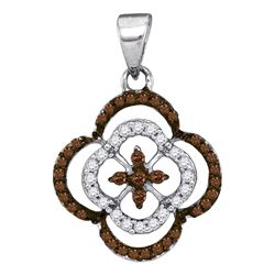 Womens Round Brown Diamond Quatrefoil Cluster Pendant 1/4 Cttw 10kt White Gold - REF-9M5H