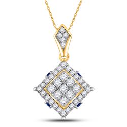 Womens Round Diamond Blue Sapphire Square Pendant 5/8 Cttw 14kt Yellow Gold - REF-32Y5N