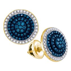 Womens Round Blue Color Enhanced Diamond Cluster Earrings 1/2 Cttw 10kt Yellow Gold - REF-25X9A