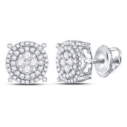 Womens Round Diamond Circle Frame Cluster Earrings 1 Cttw 14kt White Gold - REF-68N5F