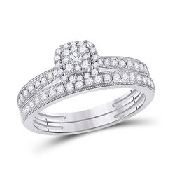 Round Diamond Bridal Wedding Ring Band Set 1/2 Cttw 10kt White Gold - REF-41Y9N