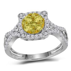 Womens Round Yellow Diamond Cluster Ring 7/8 Cttw 14kt White Gold - REF-69M9H