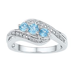 Womens Round Lab-Created Blue Topaz 3-stone Diamond Ring 1/2 Cttw 10kt White Gold - REF-18A9M