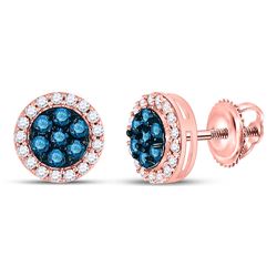 Womens Round Blue Color Enhanced Diamond Flower Cluster Earrings 1/2 Cttw 10kt Rose Gold - REF-19N5F