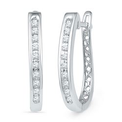 Womens Round Diamond Slender Single Row Oblong Hoop Earrings 1/5 Cttw 10kt White Gold - REF-21W5K