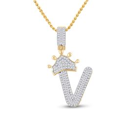 Mens Baguette Diamond Crown V Letter Charm Pendant 5/8 Cttw 10kt Yellow Gold - REF-27W9K