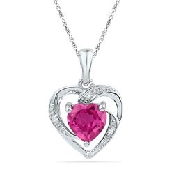 Womens Round Lab-Created Pink Sapphire Heart Pendant 1 Cttw 10kt White Gold - REF-6W5K