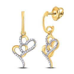 Womens Round Diamond Heart Dangle Earrings 1/6 Cttw 10kt Yellow Gold - REF-13H9R