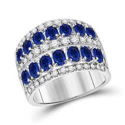 Womens Oval Blue Sapphire Diamond Cocktail Band Ring 3 Cttw 14kt White Gold - REF-91A9M